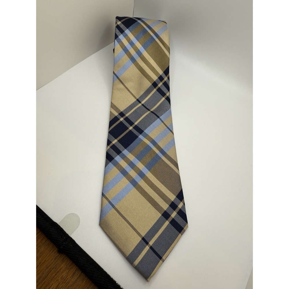 Burma‎ Bibas Silk Tie Plaid Tan Blue Navy Wide 3.25" Long 62" Designer Necktie